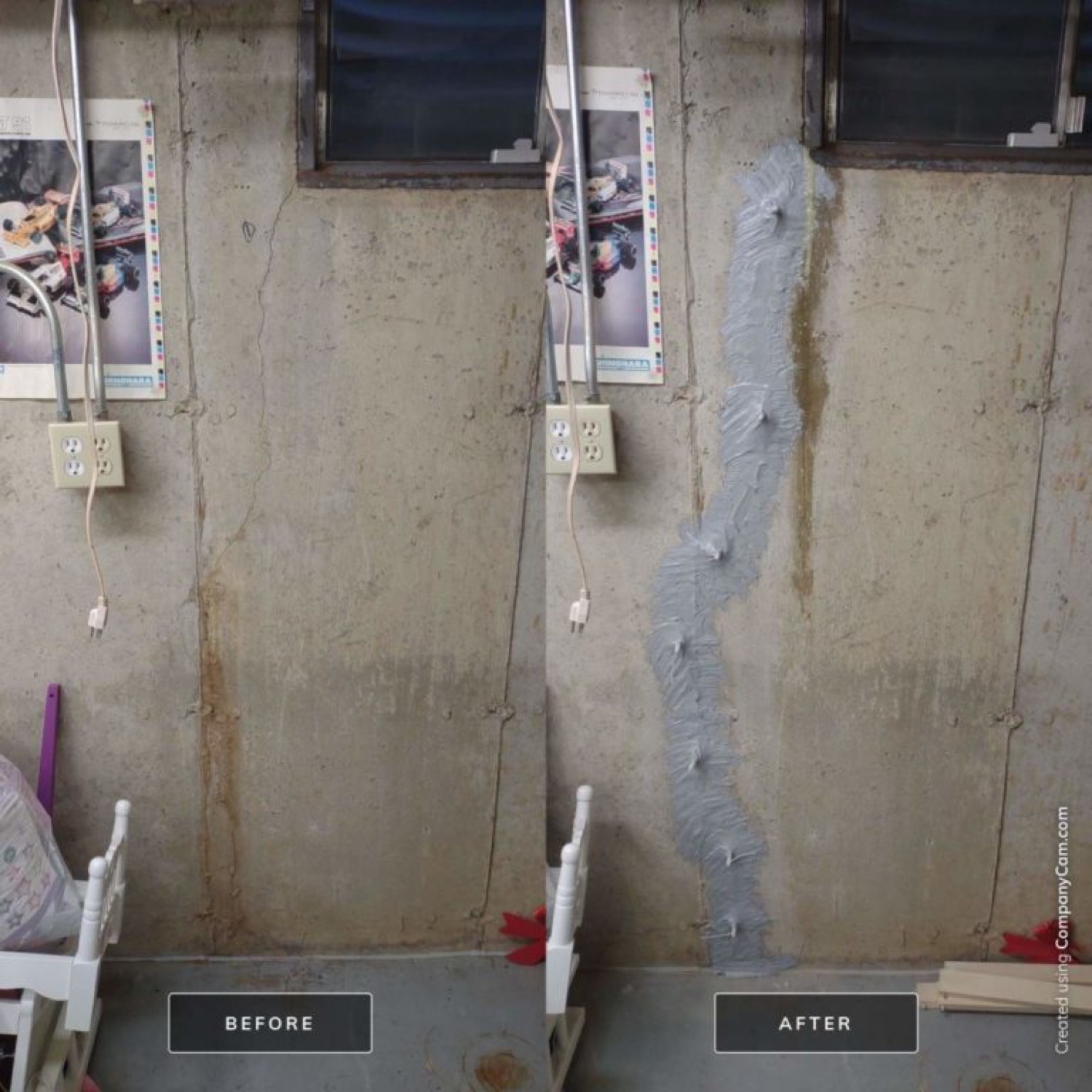 Before and after crack injection on a poured basement wall