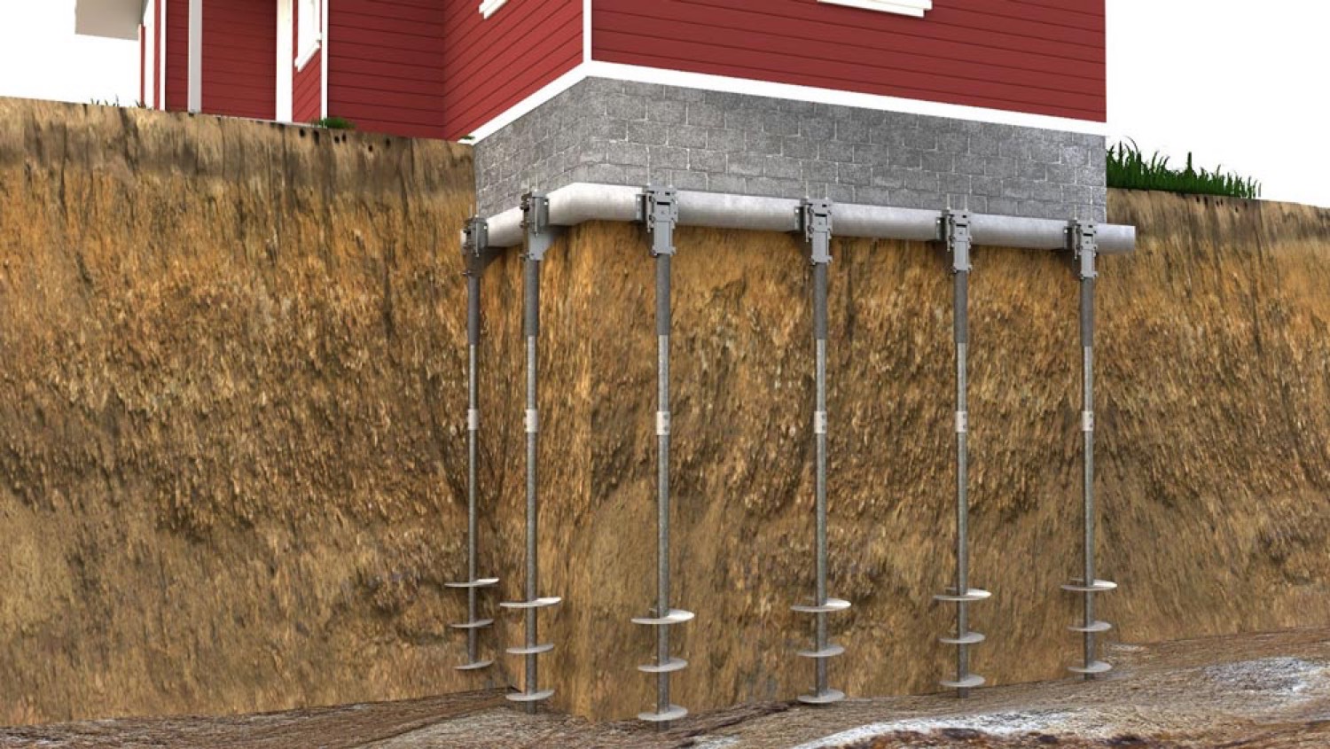 Cutaway of helical piers supporting a house on clay soil