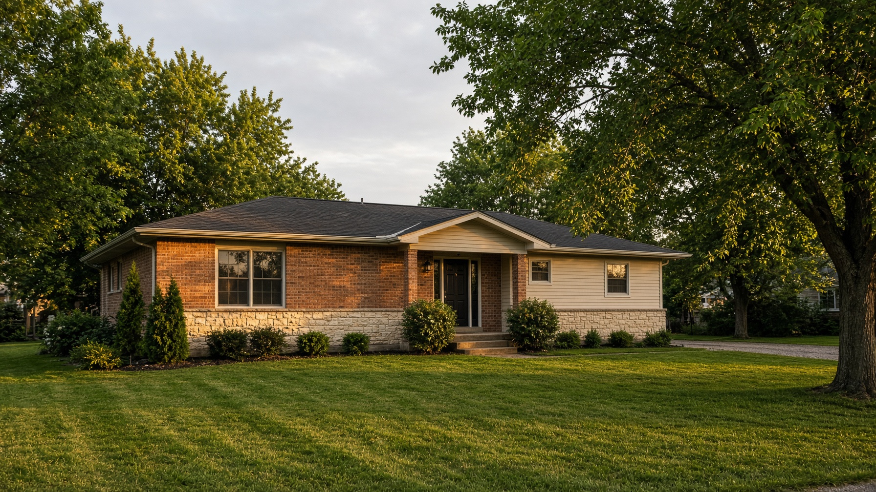 A brick ranch house with a limestone foundation in late-afternoon light