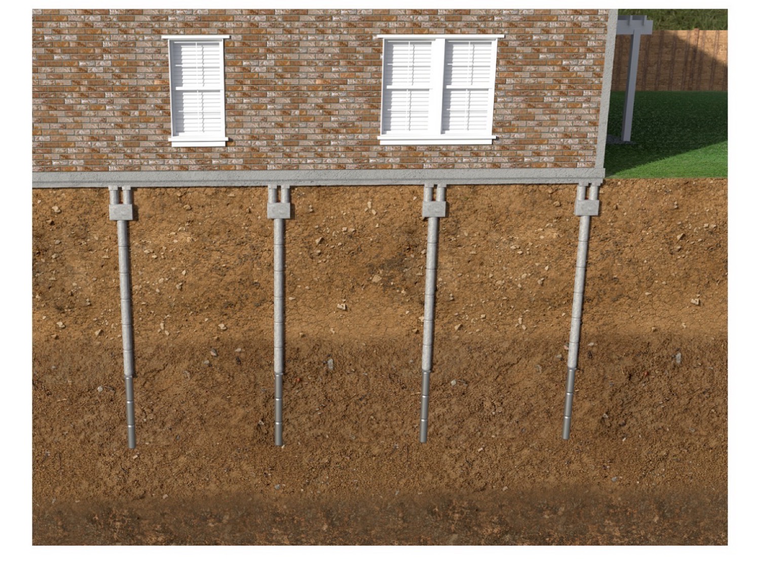Cutaway of steel push piers driven under a brick foundation