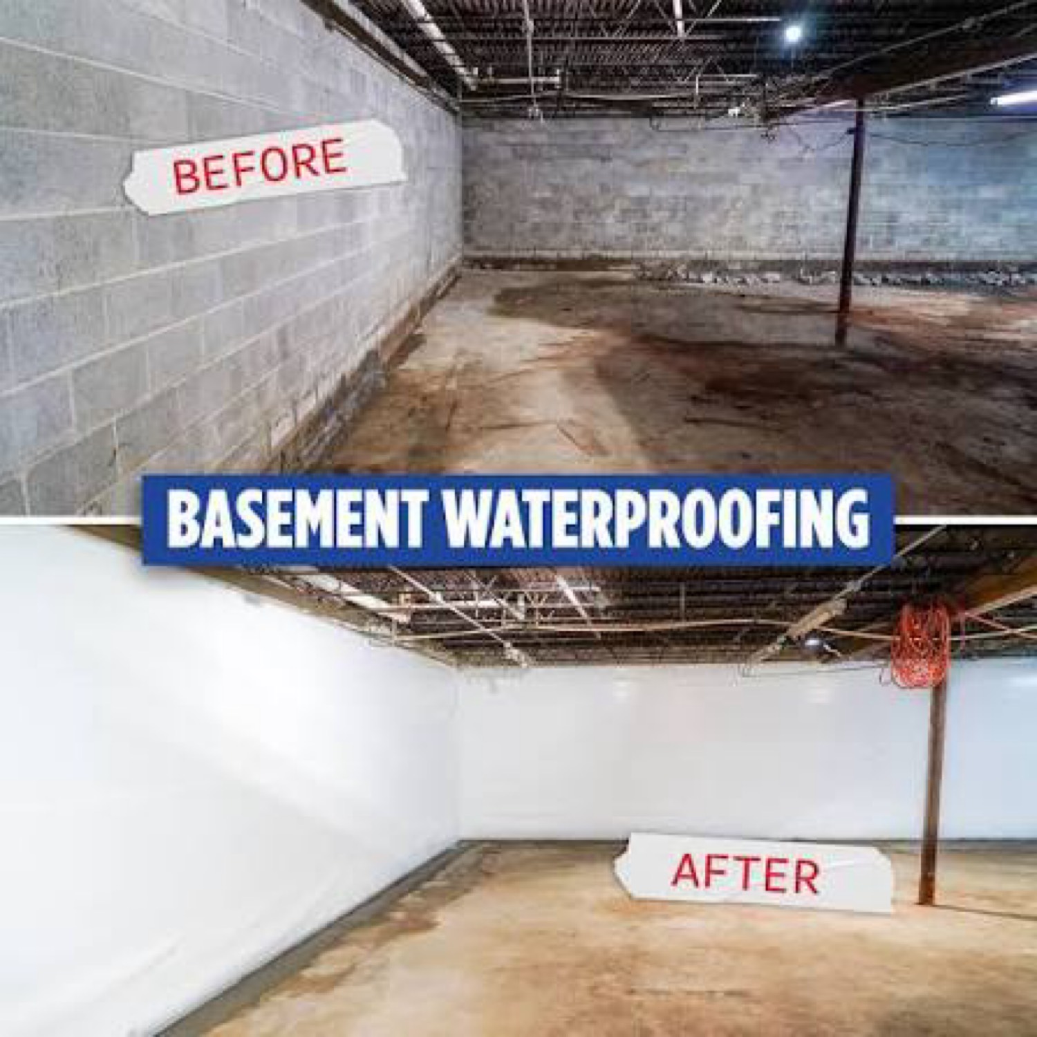 Before and after a basement waterproofing job