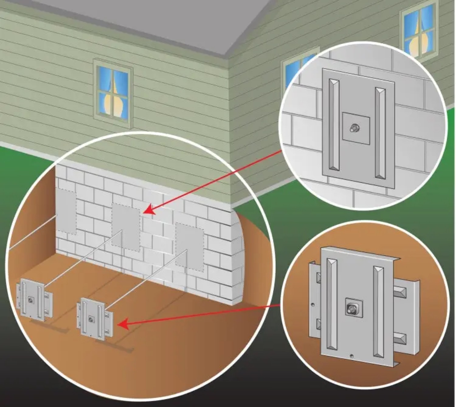 Diagram of earth anchors tying a basement wall to yard plates